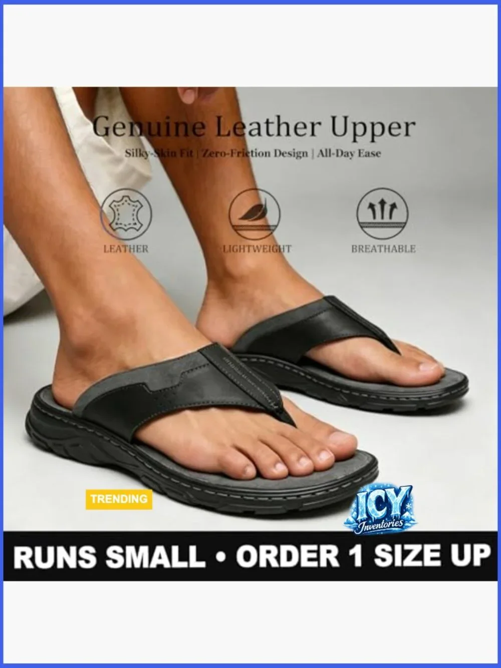 Men's Leather Flip Flops, Arch Support Memory Foam Thong Sandals